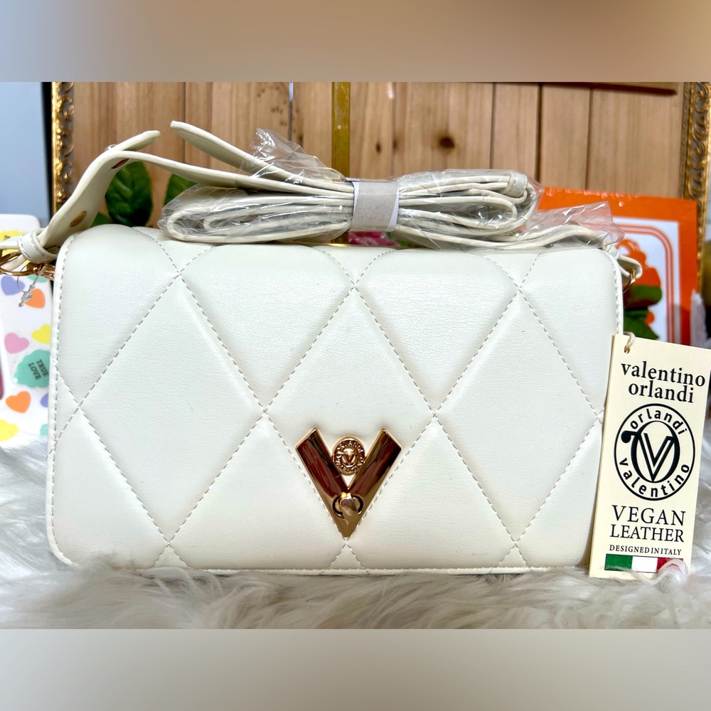 Valentino Orlandi Diamond Quilted White Crossbody with Gold Tone Hardware